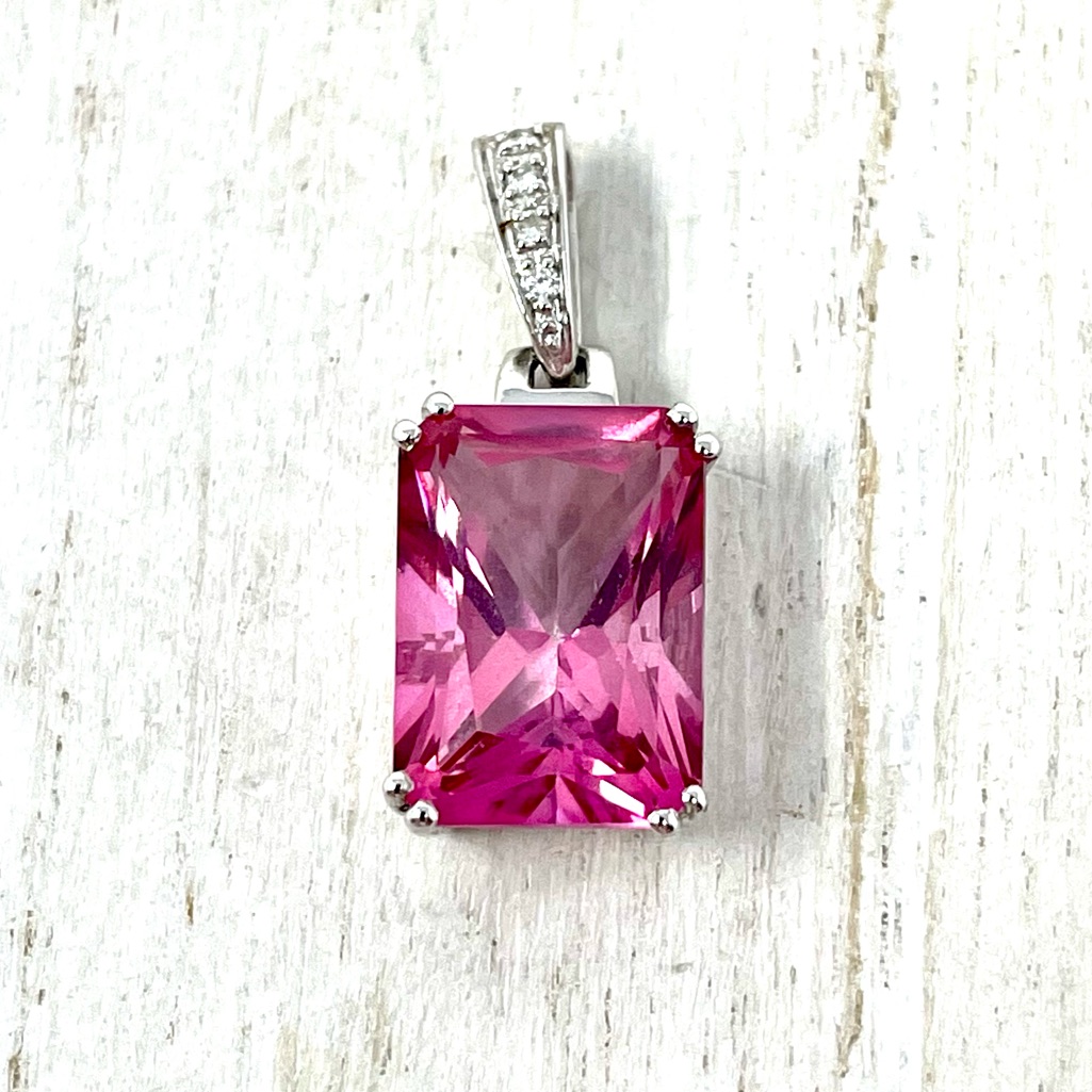 14k White Gold, Diamonds, Pink Emerald Cut Topaz Pendant